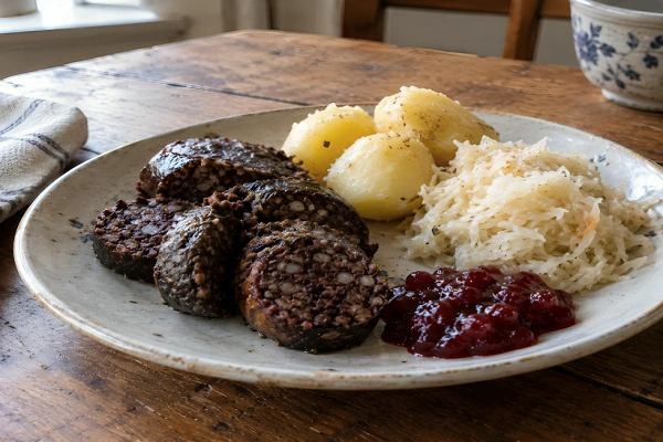 Estonian Verivorst blood sausage slices served with boiled potatoes, sauerkraut, and red lingonberry jam