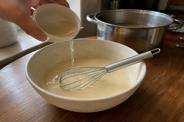 Whisking egg yolk, flour, and lemon juice mixture in a bowl for soup tempering.