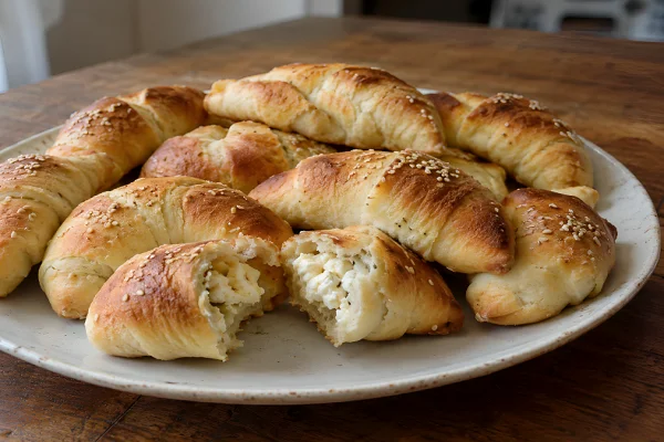 Soft Albanian kifle me djath crescent rolls with sesame seeds and feta cheese filling on a ceramic platter.